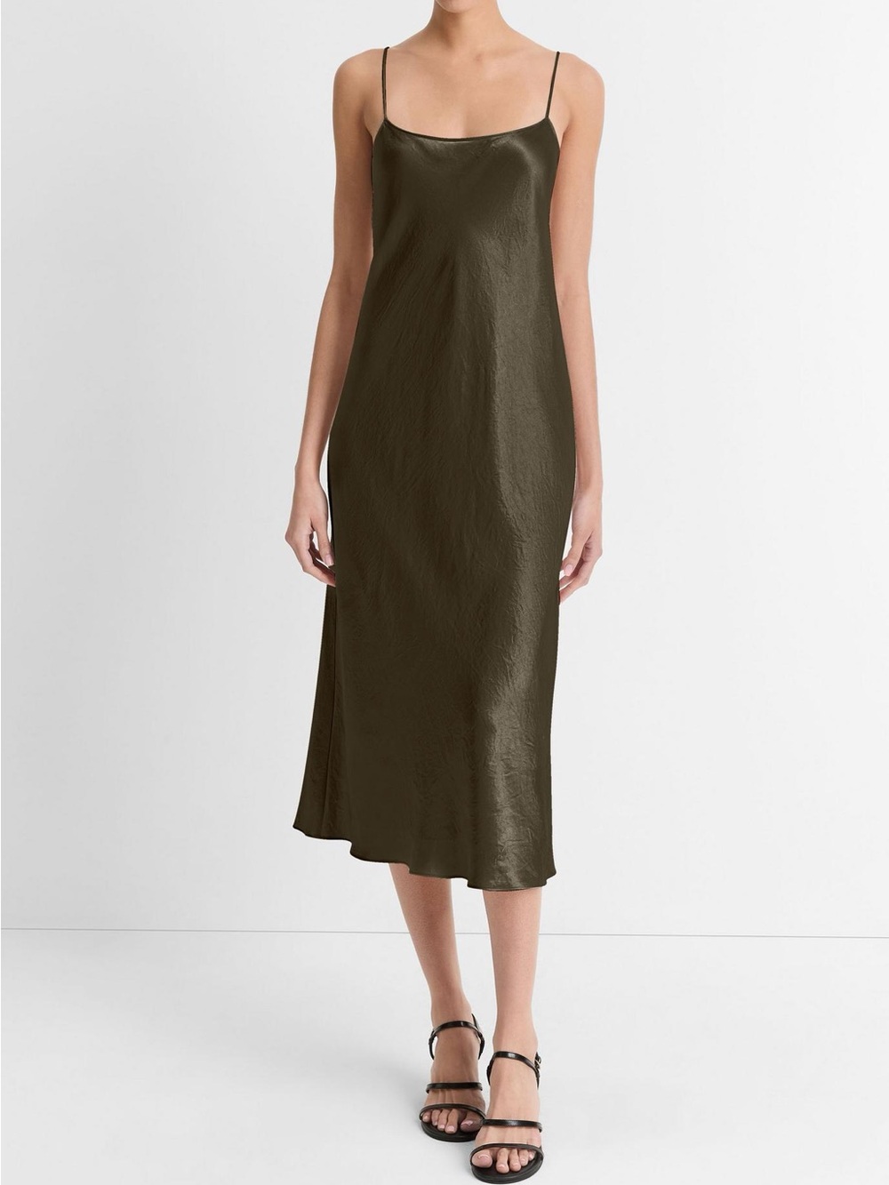 Vince Bias-Cut Satin Slip Dress Dark Olive Green Size Medium